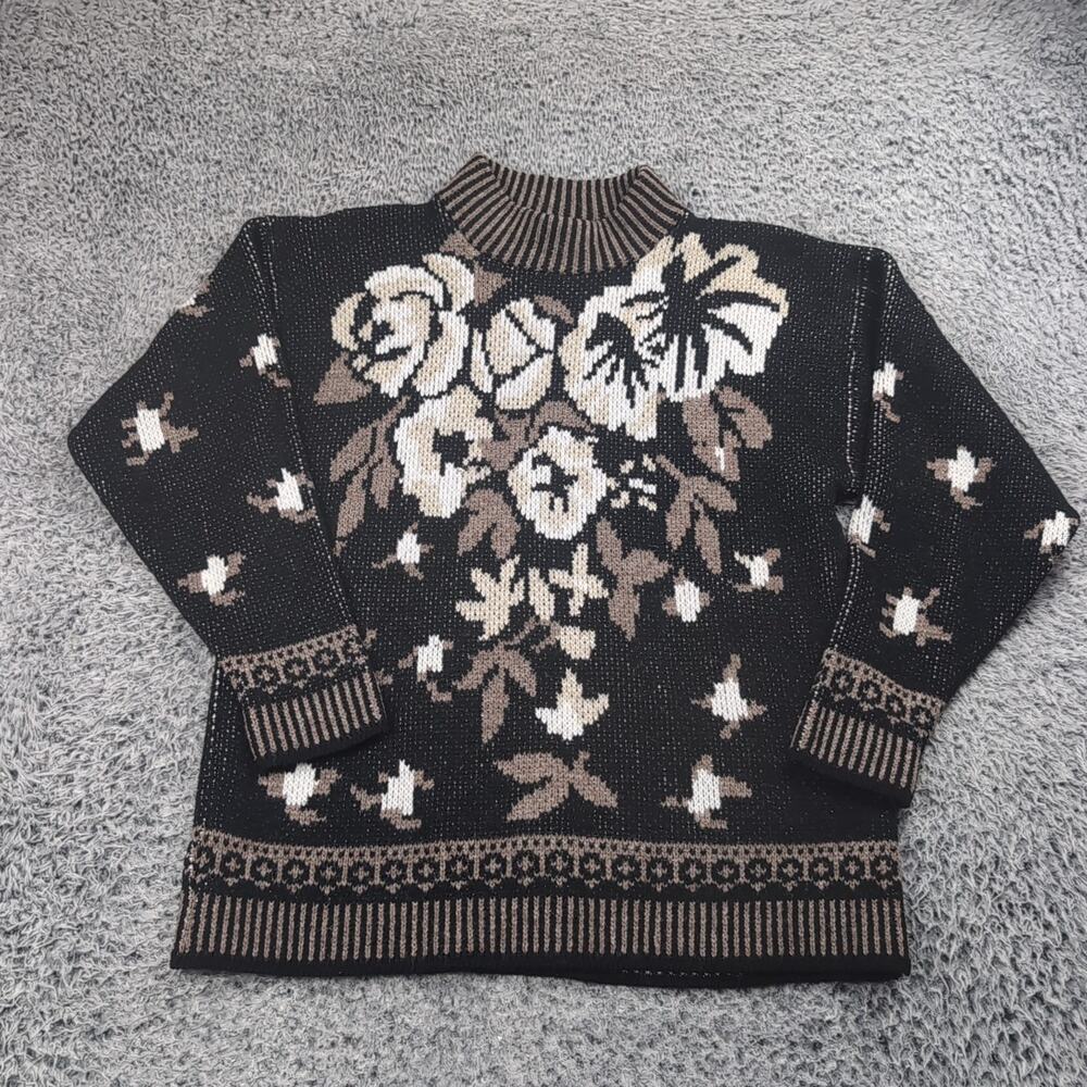 Vintage Avon Sweater Women Large Black Floral Knit Made In USA Classic Casual